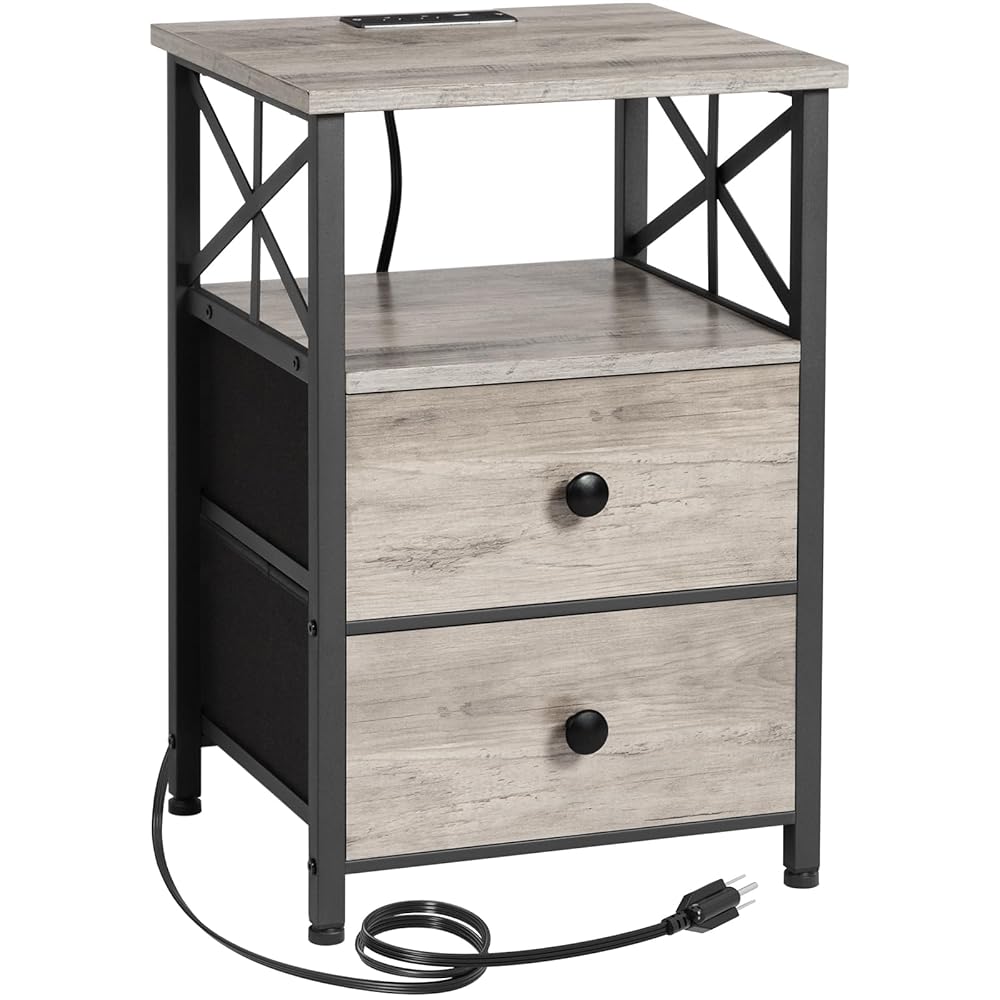 AMHANCIBLE Nightstand with Charging Station – Compact Finish Desk for Residing Room and Bed room, That includes Cloth Drawer, USB Ports, and Retailers – Excellent for Small Areas in Greige