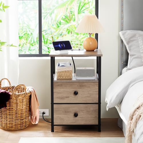 AMHANCIBLE Nightstand with Charging Station - Compact Finish Desk for Residing Room and Bed room, That includes Cloth Drawer, USB Ports, and Retailers - Excellent for Small Areas in Greige