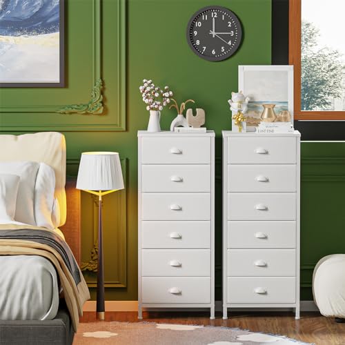 Furnulem White Vertical Tall Dresser for Bed room - Storage Tower Unit and Finish Desk with 6 Drawers, Nightstand Furnishings That includes Material Drawer Organizer for Residing Areas