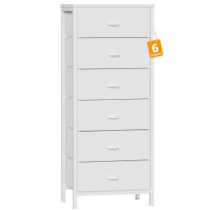 Furnulem White Vertical Tall Dresser for Bed room – Storage Tower Unit and Finish Desk with 6 Drawers, Nightstand Furnishings That includes Material Drawer Organizer for Residing Areas