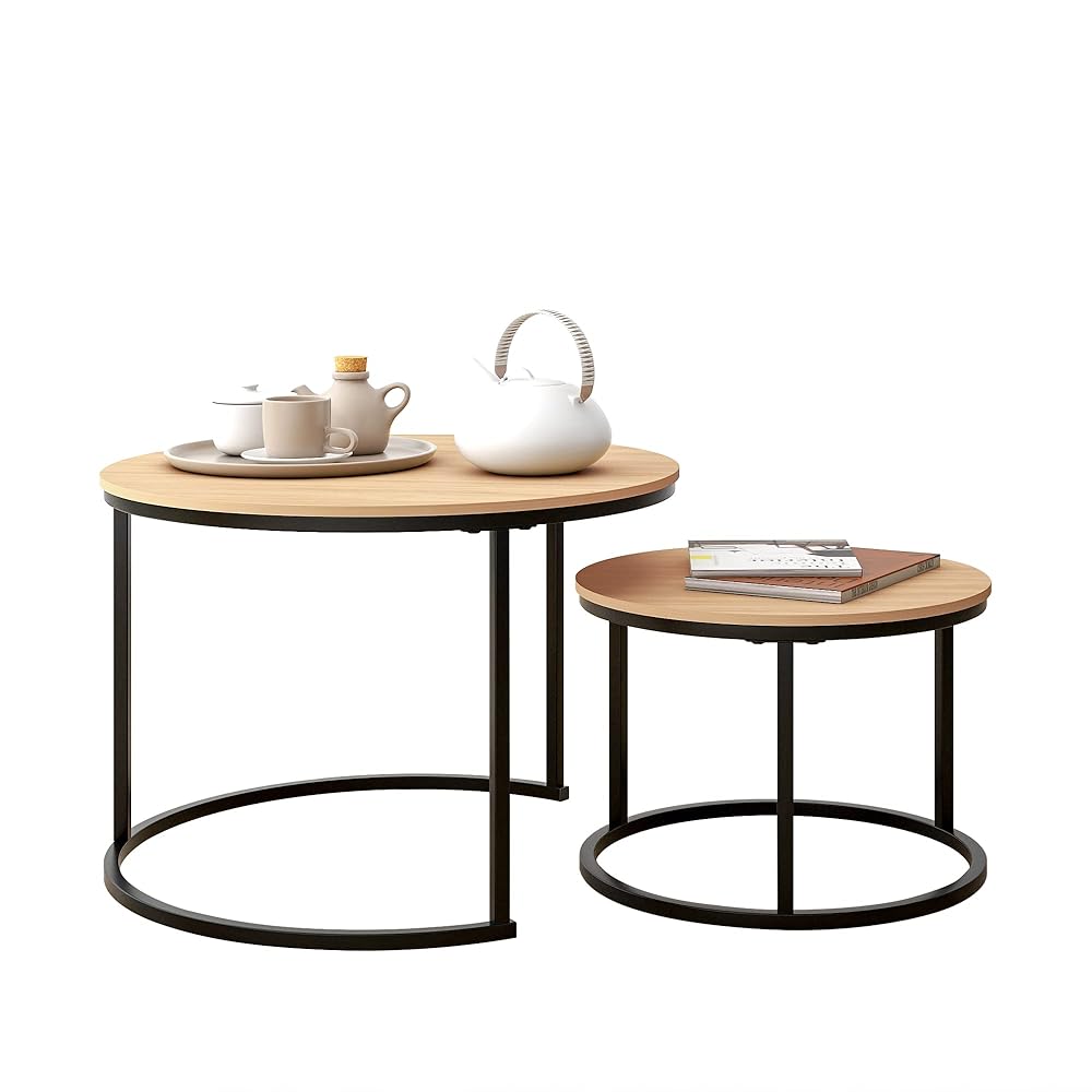 HOJINLINERO Industrial Spherical Espresso Desk Set of two – Stacking Aspect Tables for Residing Room, Sturdy and Simple to Assemble, Wooden-Look Accent Furnishings with Steel