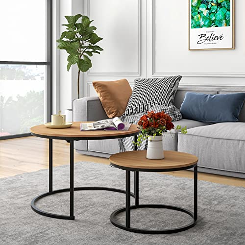 HOJINLINERO Industrial Spherical Espresso Desk Set of two – Stacking Aspect Tables for Residing Room, Sturdy and Simple to Assemble, Wooden-Look Accent Furnishings with Steel