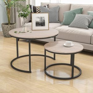 HOJINLINERO Set of two Industrial Spherical Espresso Tables – Stacking Finish Tables for Dwelling Room, Sturdy and Straightforward to Assemble, Wooden-Look Accent Furnishings with Metallic Particulars