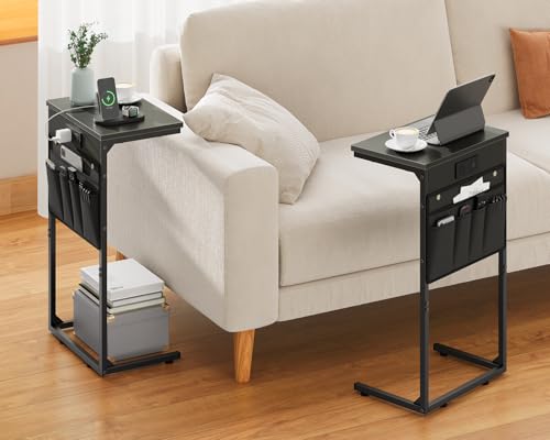 Vagusicc C-Formed Finish Desk Set of two with Charging Station, 28-inch Tall Aspect Tables for Sofa, Compact Couch Tables with Storage Bag for Small Areas, TV Tray Desk Arm